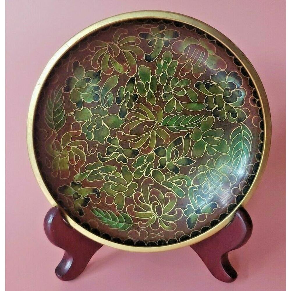 Vintage Floral‎ Cloisonne Enamel on 4" Copper Plate Browns Greens U34